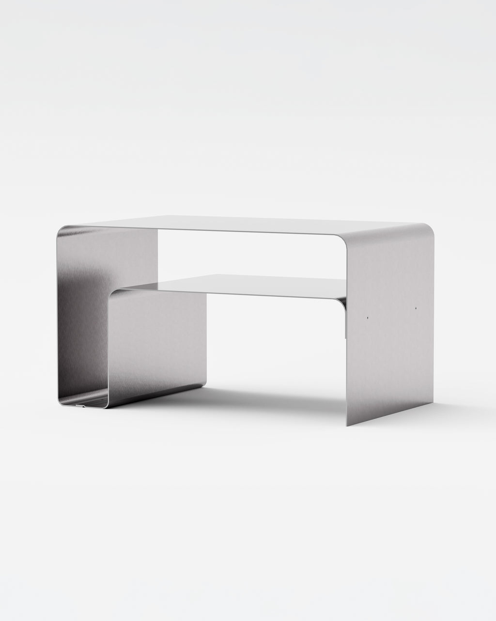 Sofabord i stål eller aluminium med integreret hylde