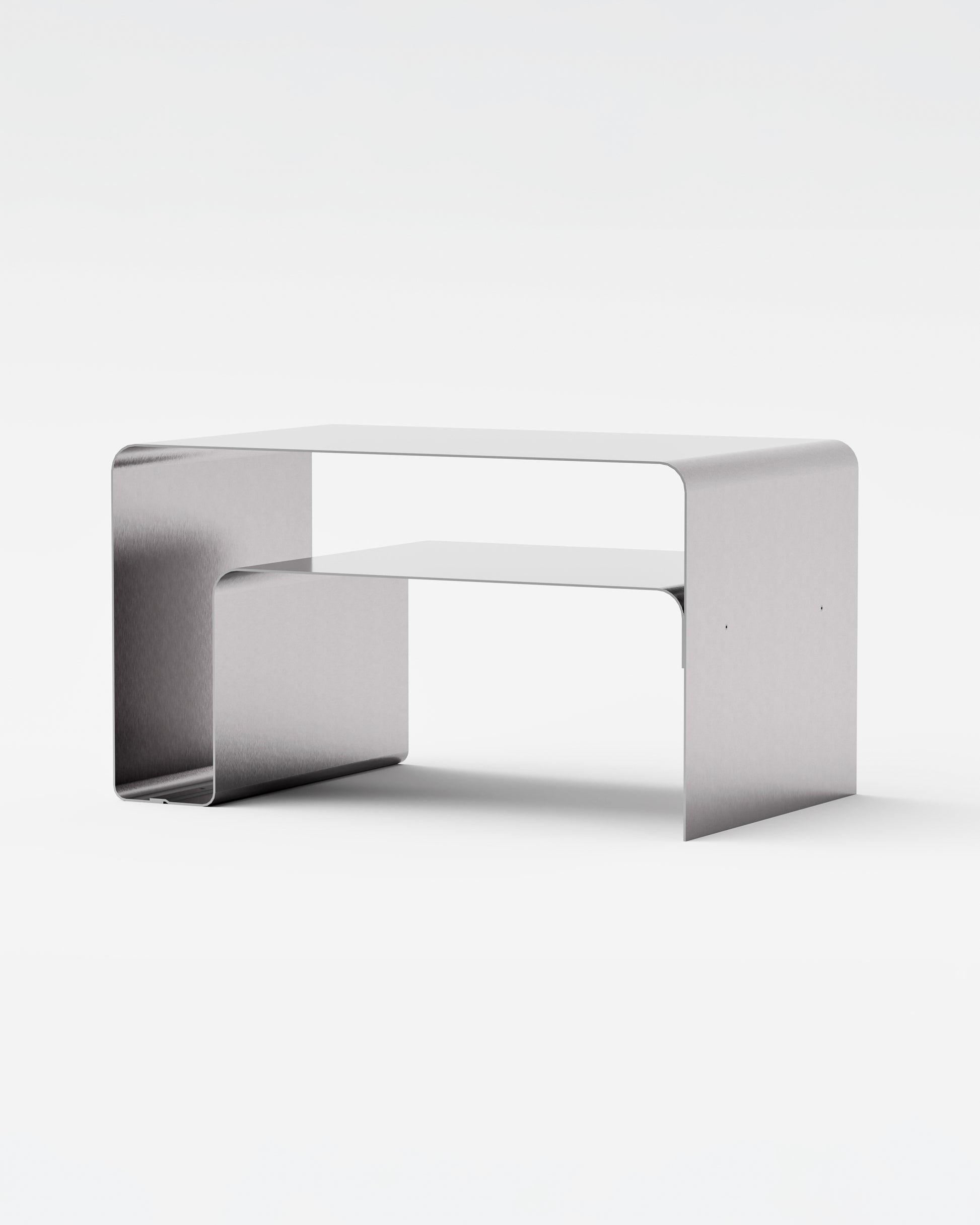 Sofabord i stål eller aluminium med integreret hylde