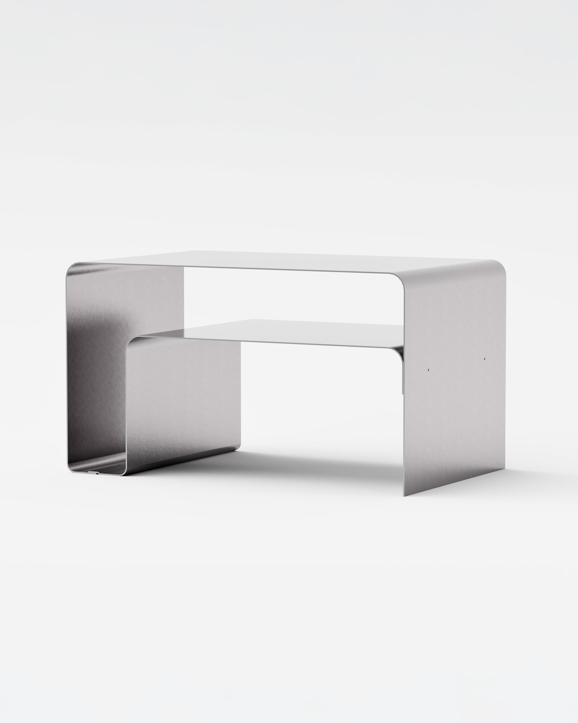 Sofabord i stål eller aluminium med integreret hylde